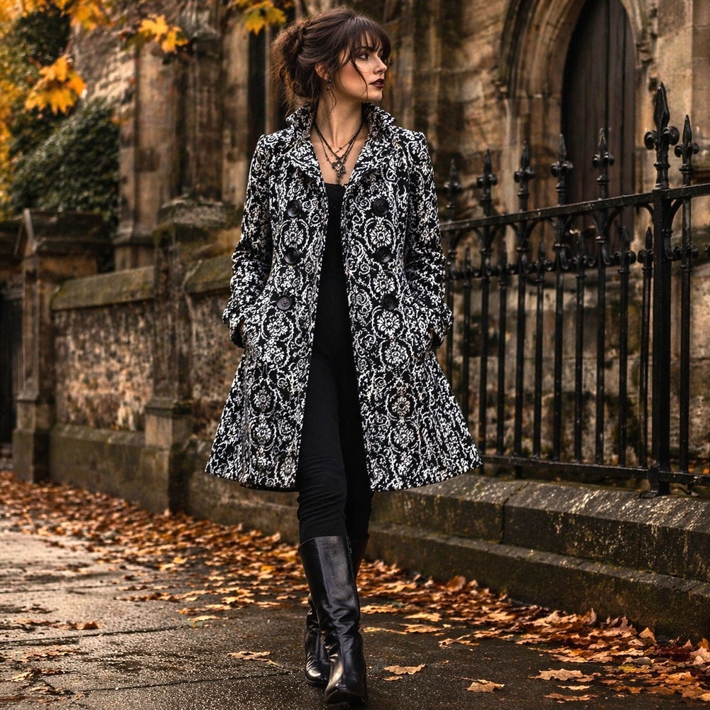 Gothic‎ Damask Coat Womens M Black White Baroque Double Breasted Jacket Luii